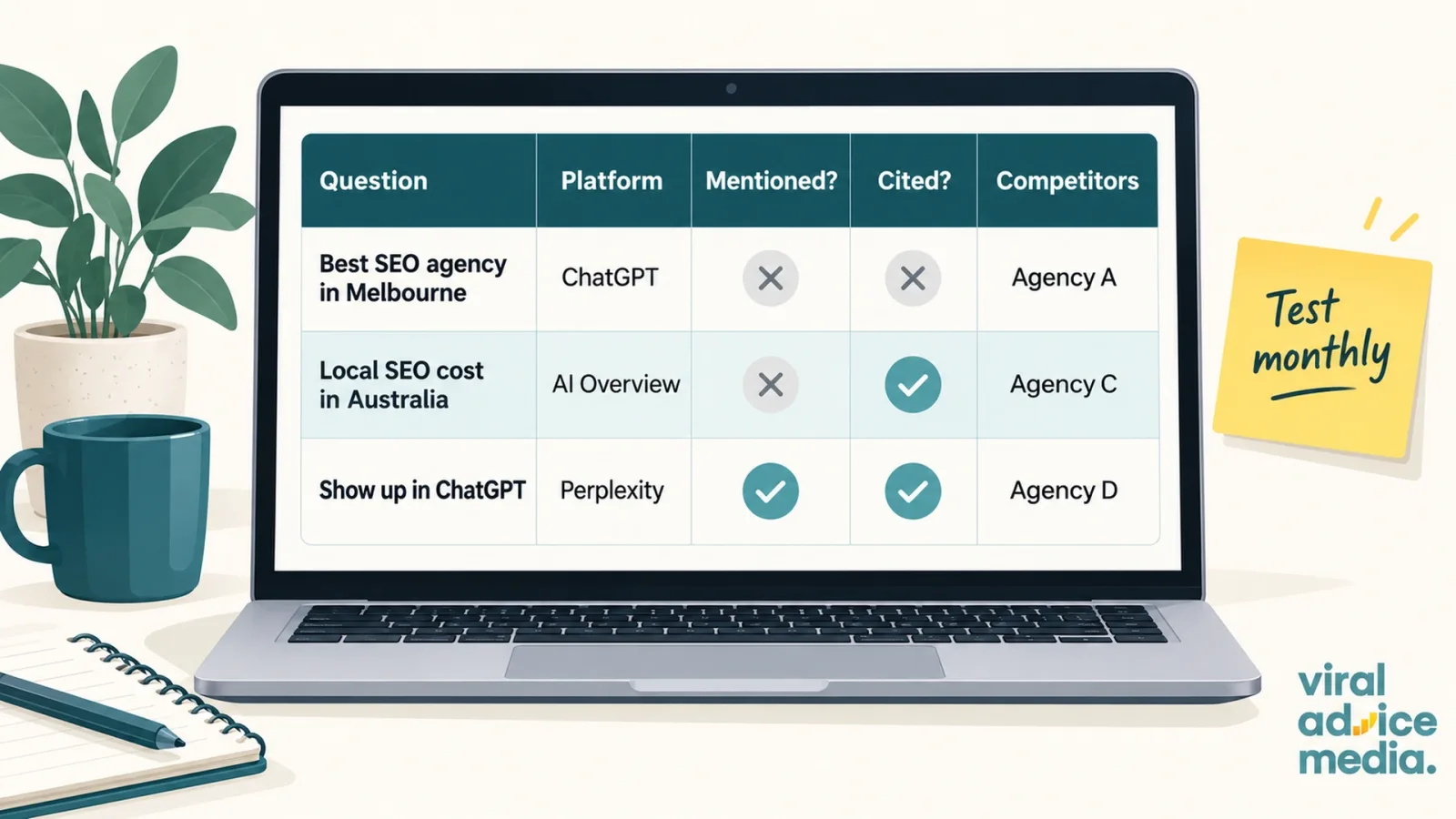 Spreadsheet tracking whether a business is mentioned or cited in ChatGPT, Google AI Overviews and Perplexity