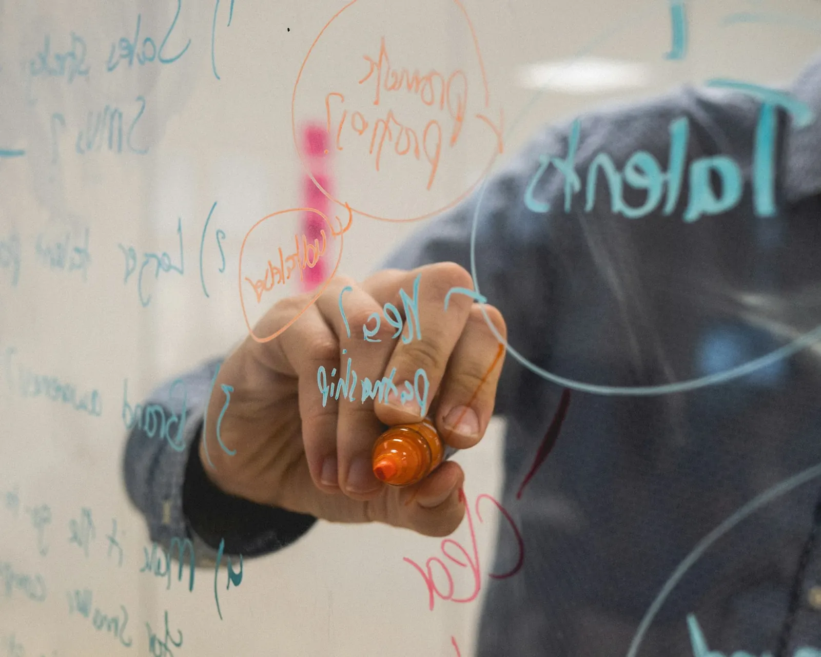 Person writing ideas on a glass whiteboard