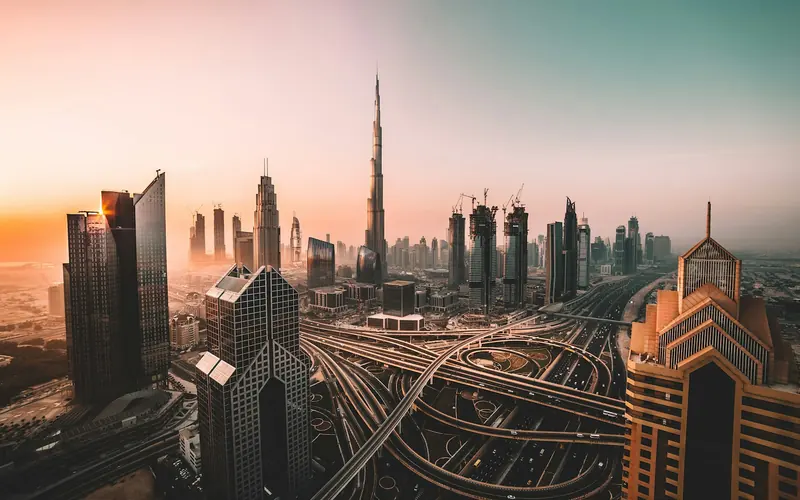 Dubai skyline with the Burj Khalifa above Downtown Dubai