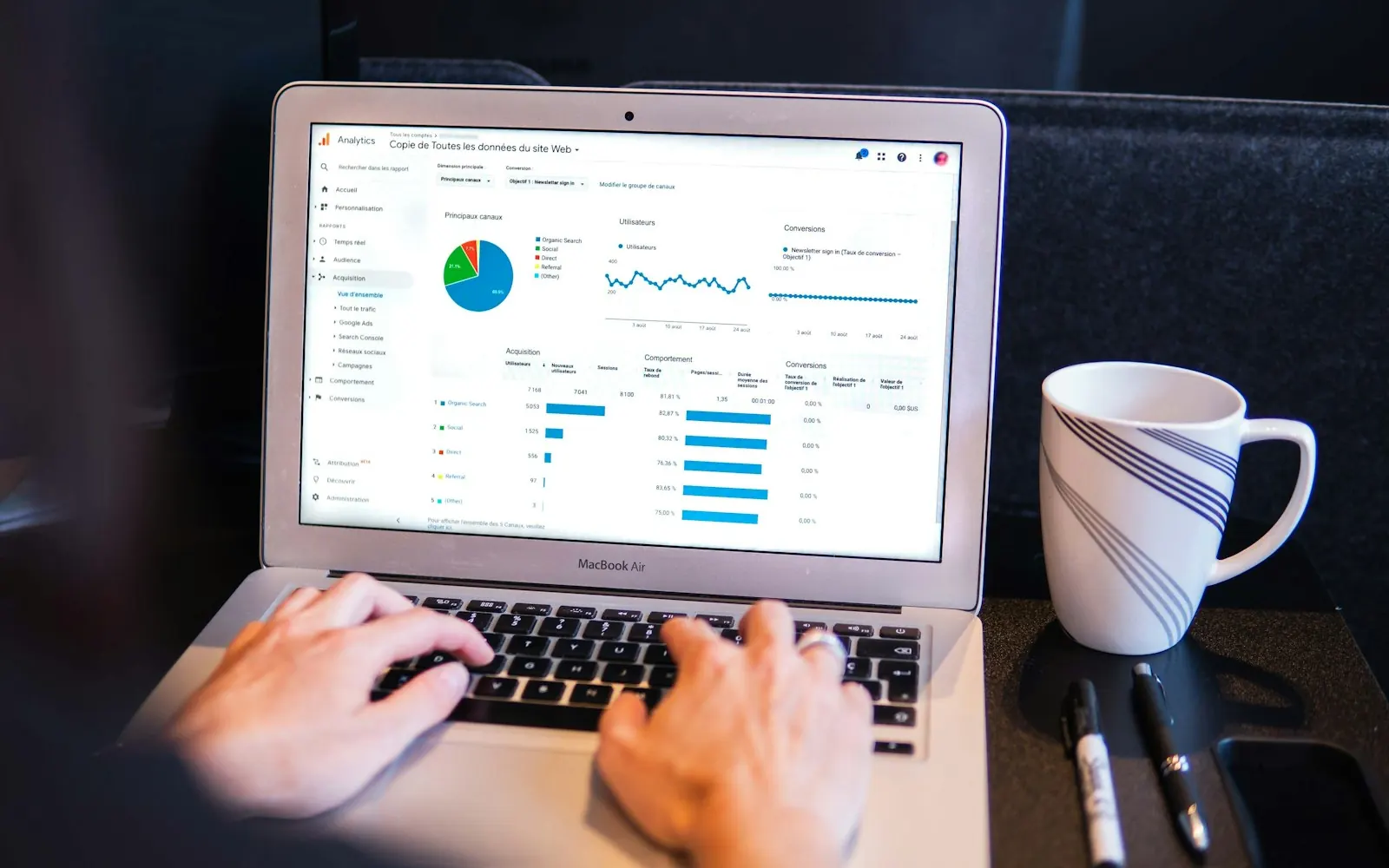Laptop showing an analytics dashboard next to a coffee mug, used for Gold Coast SEO reporting