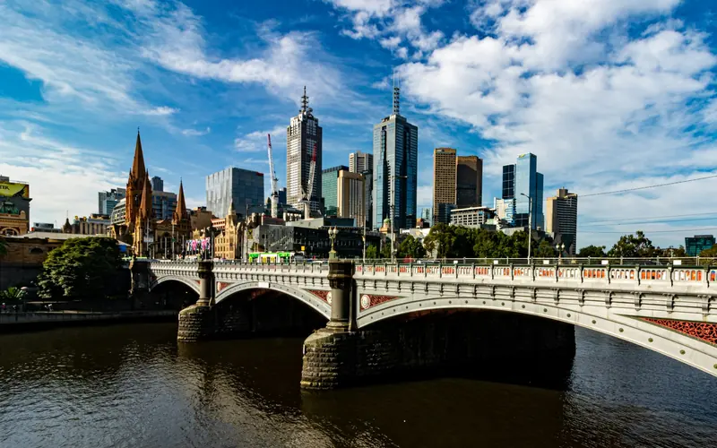 Melbourne city skyline across the Yarra River at dusk with Southbank towers lit up