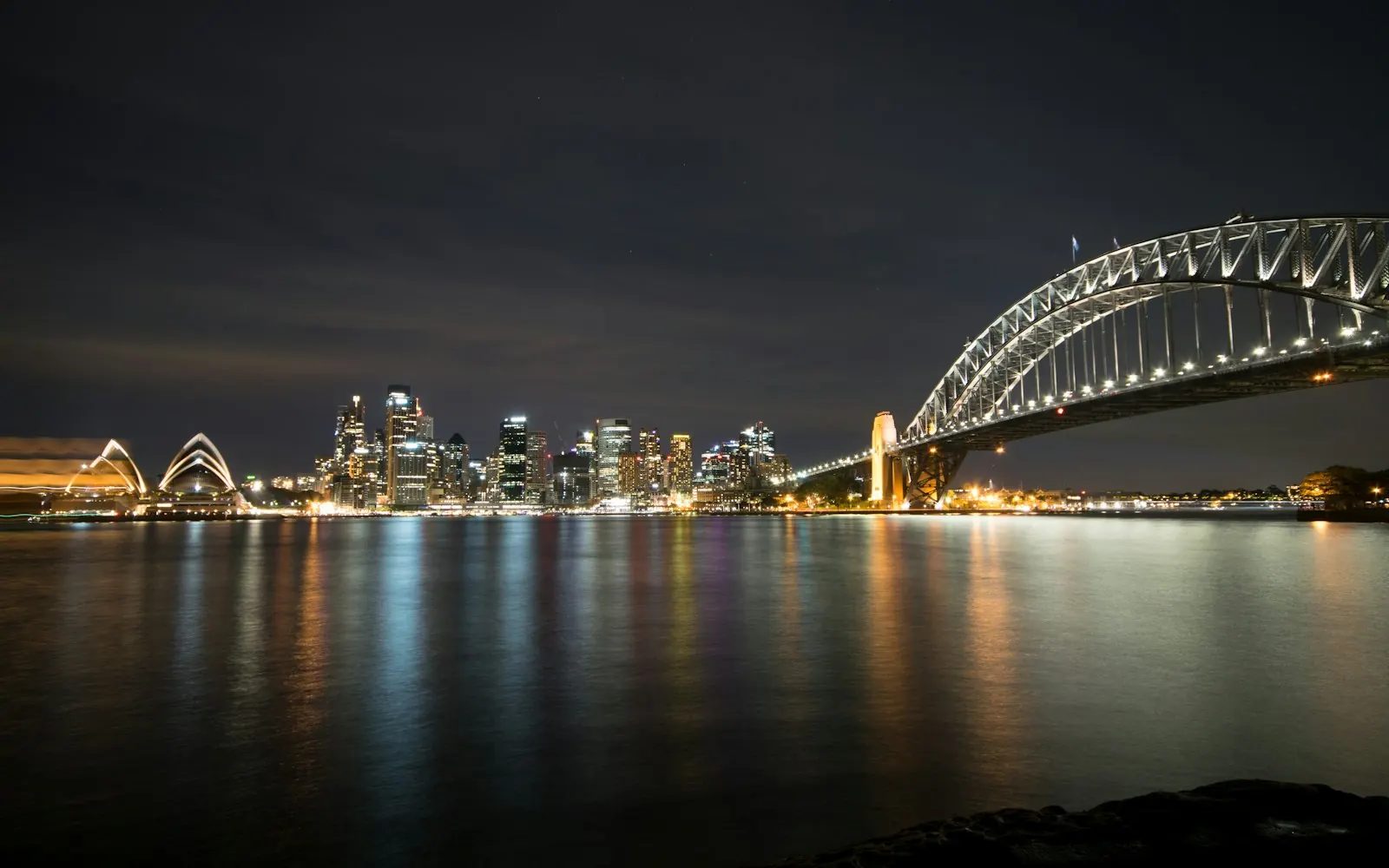 Sydney Harbour with the Opera House and Harbour Bridge at sunset